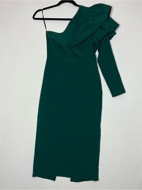 One-Shoulder Ruffle Midi Dress in Emerald Green